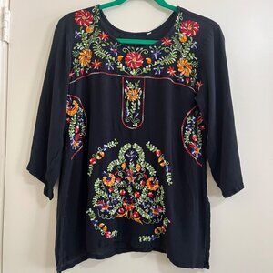 Floral Embroidered Womens Tunic Sz L Boho Cottage Artsy Folk Peasant Eclectic